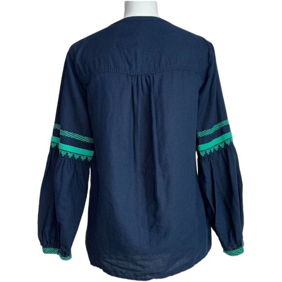 NWT J.CREW TOP NAVY EMBROIDERED LINEN-COTTON
LONG SLEEVE BLOUSE Size 00 - Picture 3 of 4